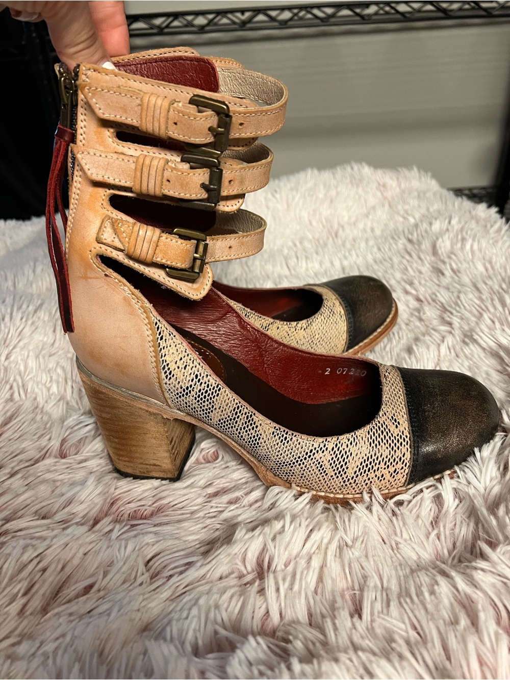 Freebird Bonnie Women's Ankle-Strap Two-Tone Heels in Tan and Black